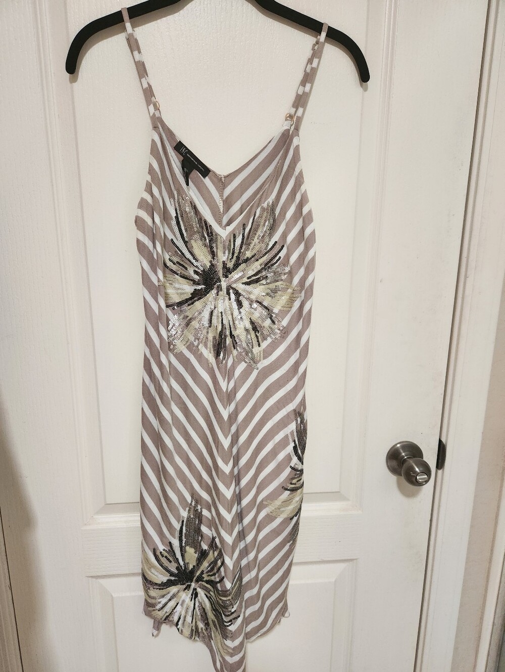 INC International Concepts  Tan/Taupe and White Stripe  Dress With Sequin Design